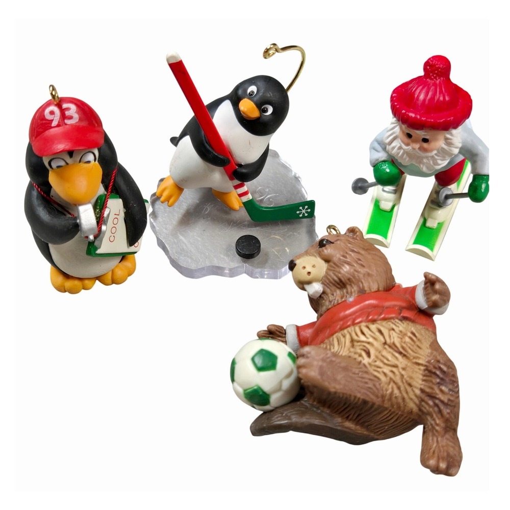 Hallmark Vintage Keepsake Ornaments Sports Set of 4 Penguin Santa Beaver 80s 90s